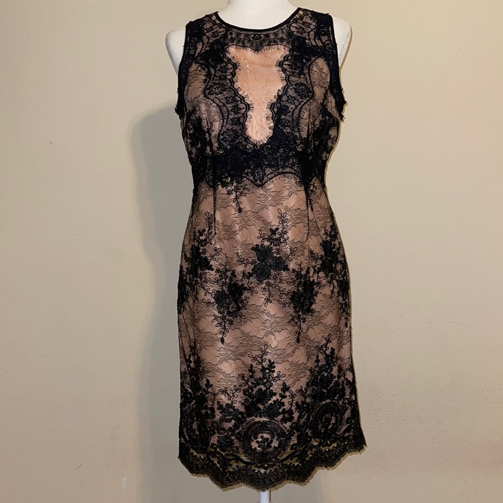 Ivanka Trump salmon, sleeveless blush dress with black lacy overlay, midi length